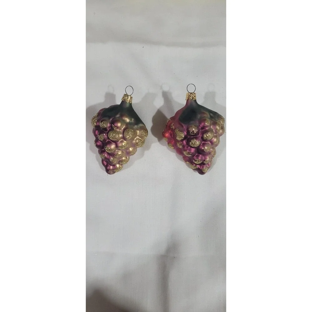 2 Vintage Czech Republic Glass Grape Cluster Christmas Ornaments Glitter